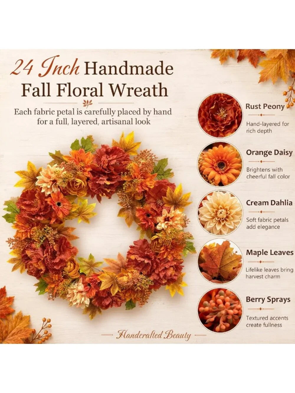 24-Inch Autumn Flower Wreath for Front Door - Fall Decor, Seasonal Home Accent